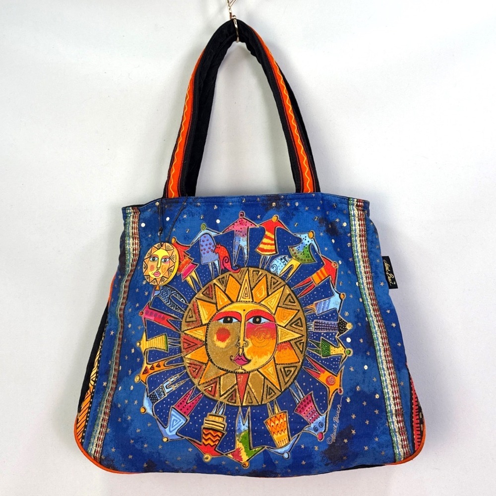 Laurel Burch Sun Celestial Canvas Tote Bag Blue Orange Gold Art Shoulder Bag